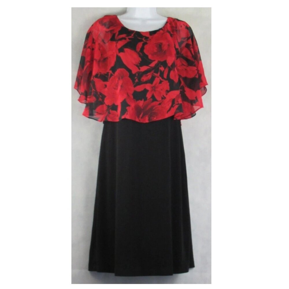 Connected Women's Cape-Overlay Sheath Dress, Black With Red Roses, Size 4